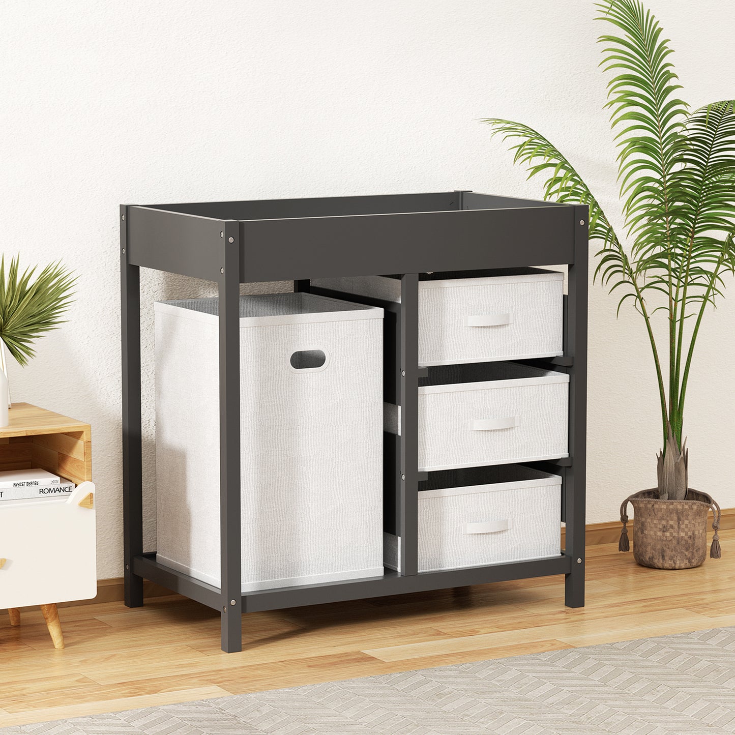 Baby Changing Table with 3 Storage Drawers & Hamper , Portable Diaper Station, Space-Saving Nursery Organizer , Easy Assembly (White)
