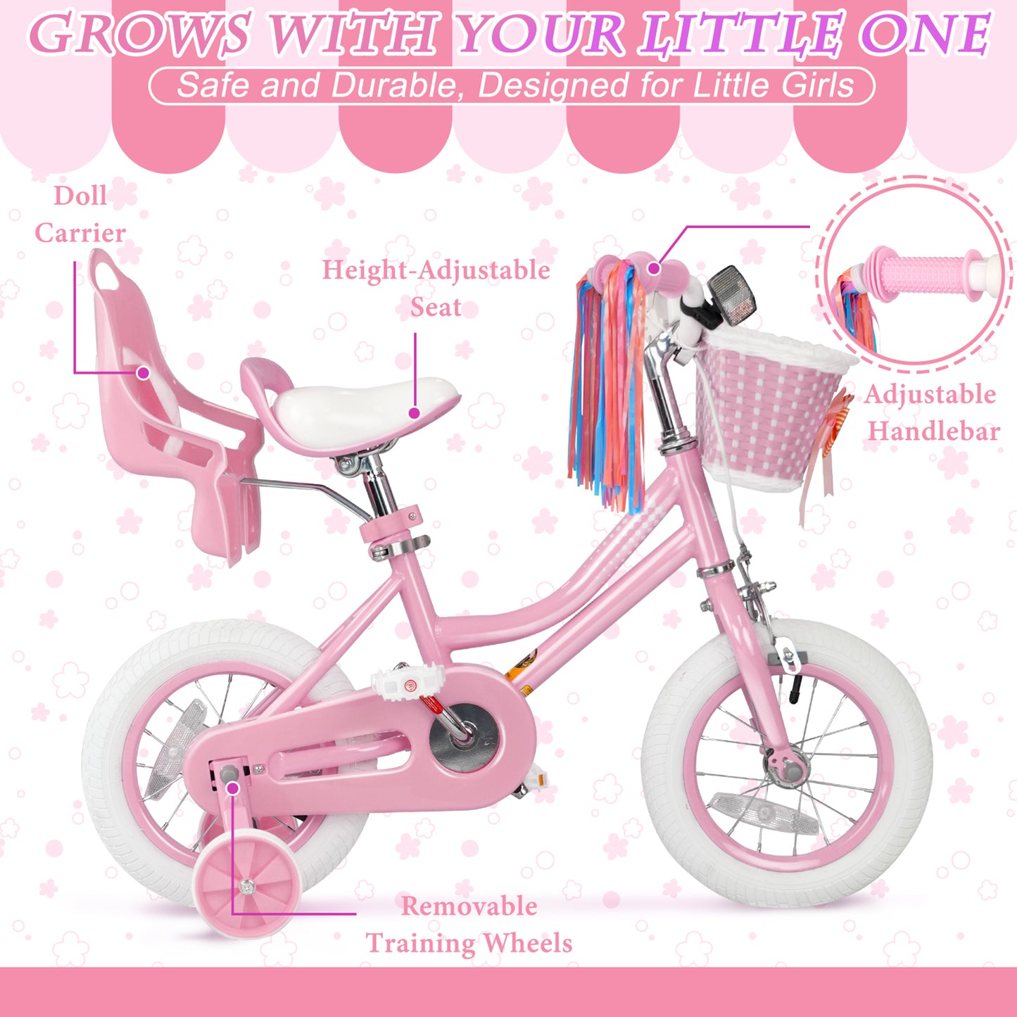 KORIMEFA Kids Bike for Toddlers and Kids Ages 2-7 Years, 12 14 16 Inch Girls Bikes with Training Wheels, Doll Seat, Streamers and Basket, Toddler Bike, Multiple Colors