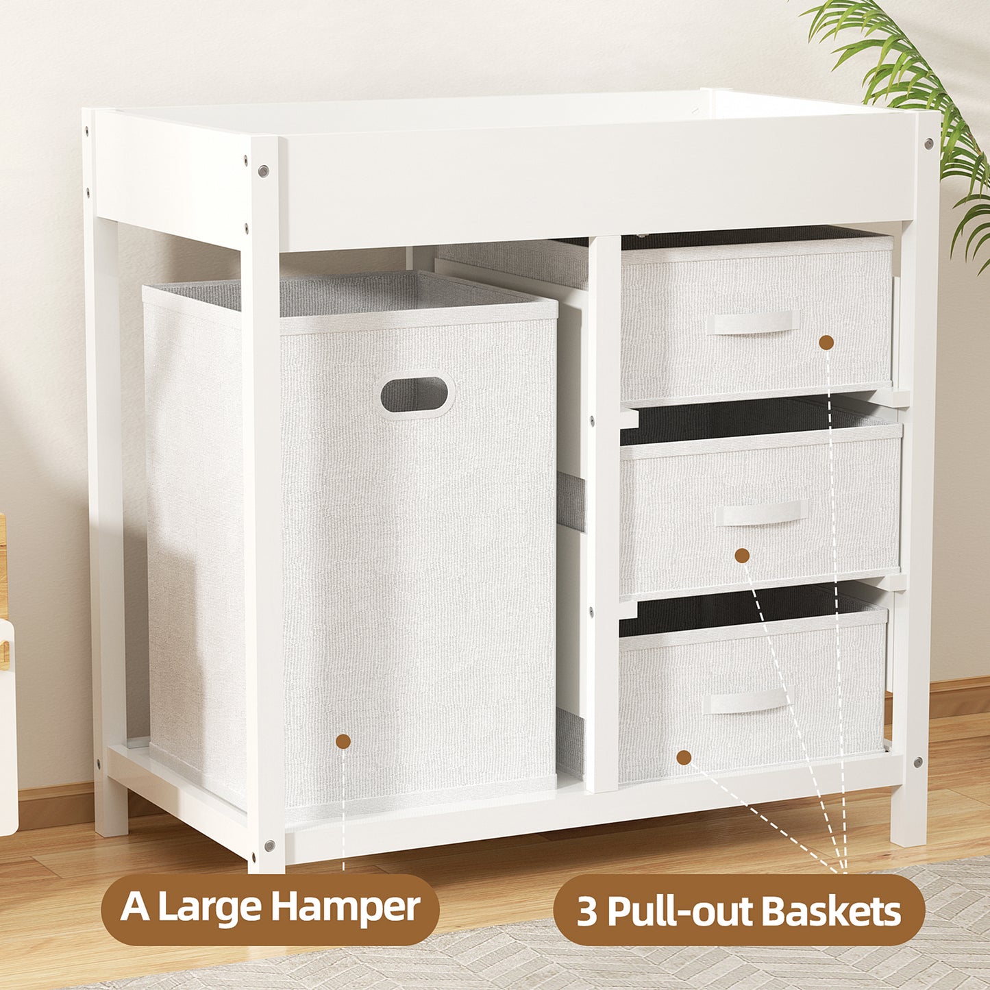 Baby Changing Table with 3 Storage Drawers & Hamper , Portable Diaper Station, Space-Saving Nursery Organizer , Easy Assembly (White)