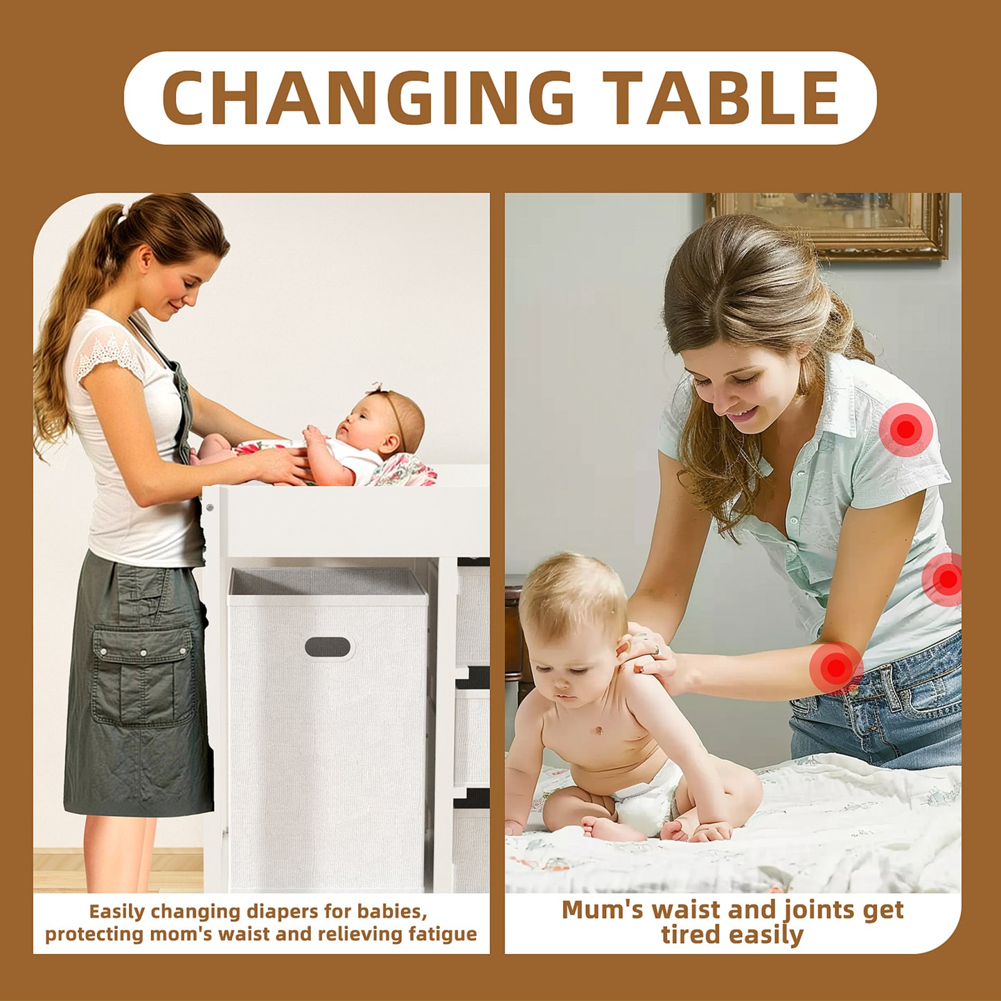 Baby Changing Table with 3 Storage Drawers & Hamper , Portable Diaper Station, Space-Saving Nursery Organizer , Easy Assembly (White)