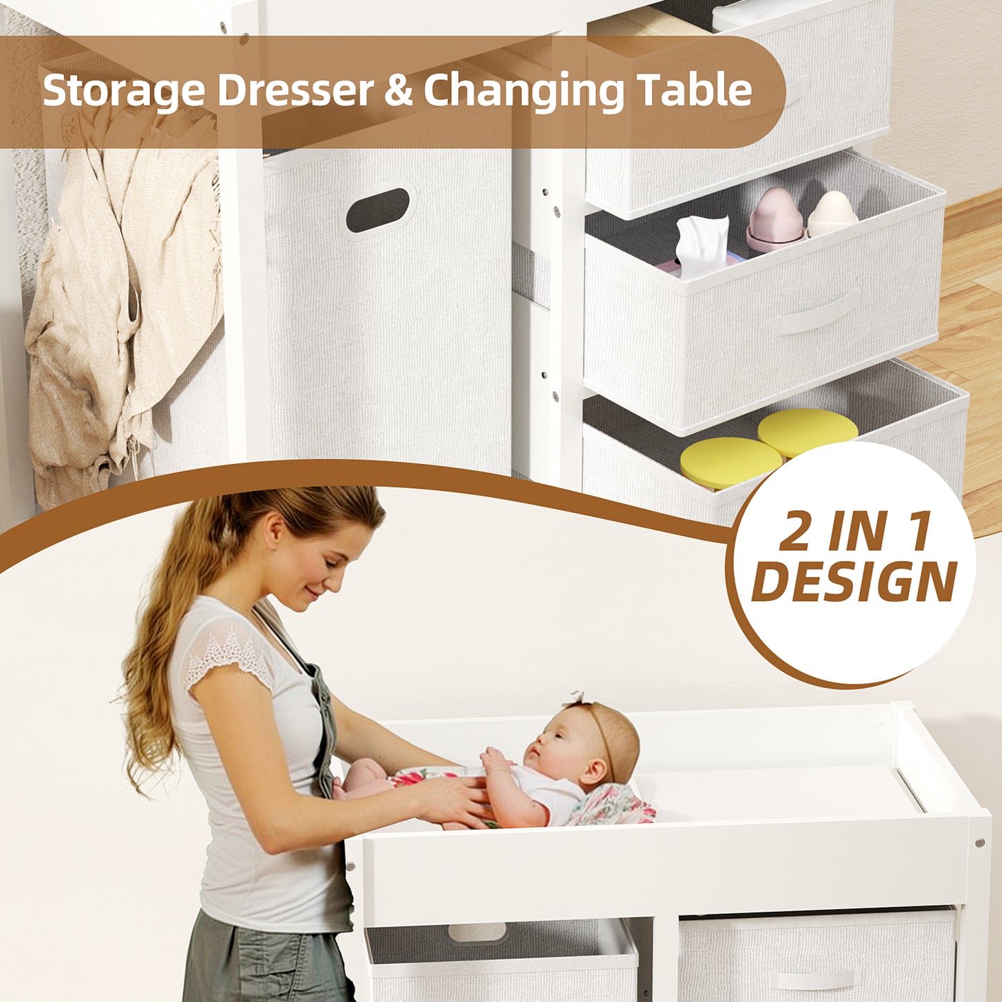 Baby Changing Table with 3 Storage Drawers & Hamper , Portable Diaper Station, Space-Saving Nursery Organizer , Easy Assembly (White)