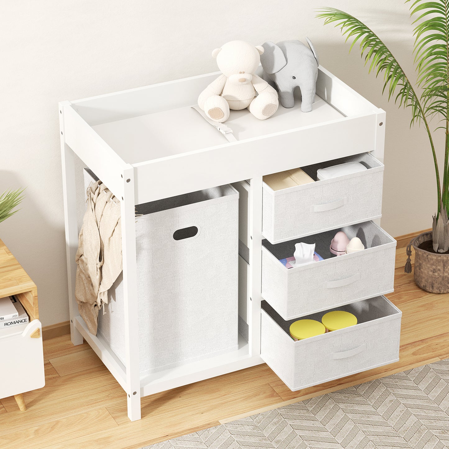 Baby Changing Table with 3 Storage Drawers & Hamper , Portable Diaper Station, Space-Saving Nursery Organizer , Easy Assembly (White)
