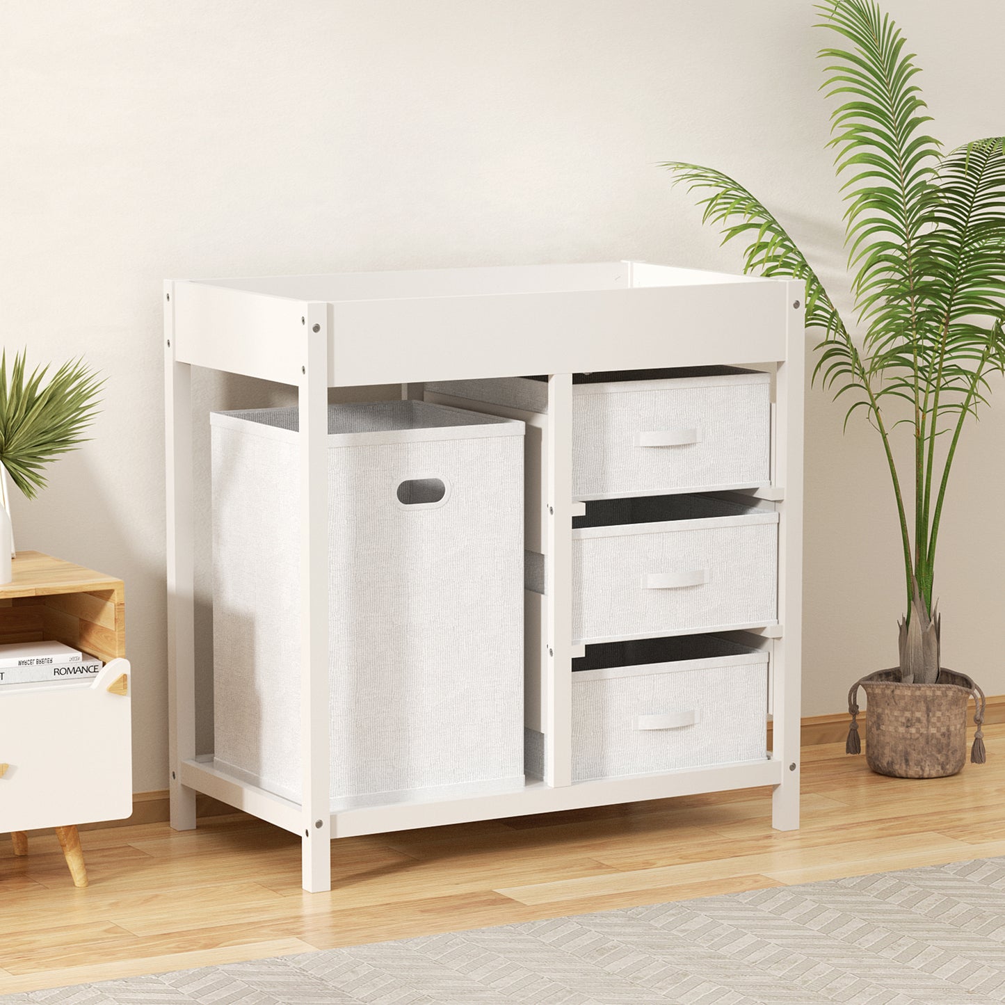 Baby Changing Table with 3 Storage Drawers & Hamper , Portable Diaper Station, Space-Saving Nursery Organizer , Easy Assembly (White)