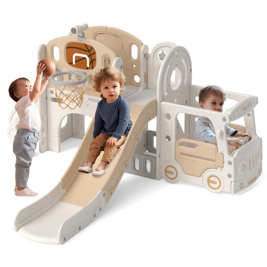 XJD 8 in 1 Toddler Slide, Kids Slide for Toddlers Age 1-3, Toddler Play Climber Slide Playset with Basketball Hoop and Ball,Toddlers Outdoor Indoor Playground (Beige Coffee)