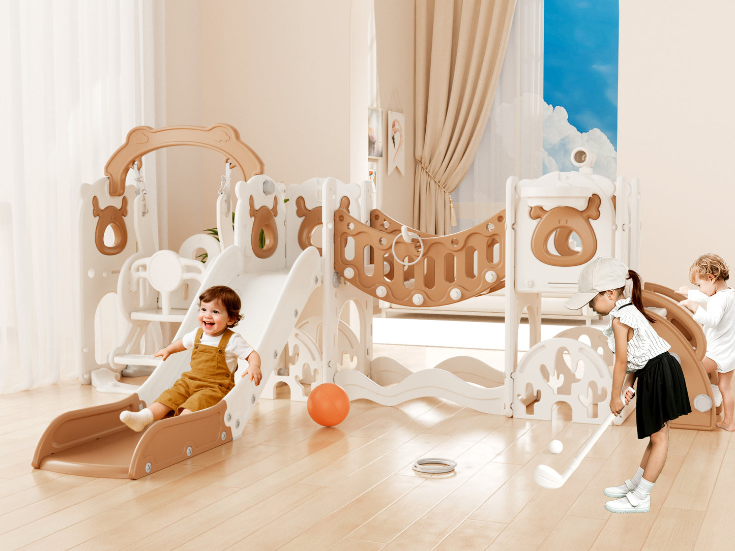 Kids Slide Set with Climber, Toddler Climber Slide Play Set with Basketball Hoop, Tunnel, Bus Playhouse Outdoor Indoor Slide Playset Age 1-6