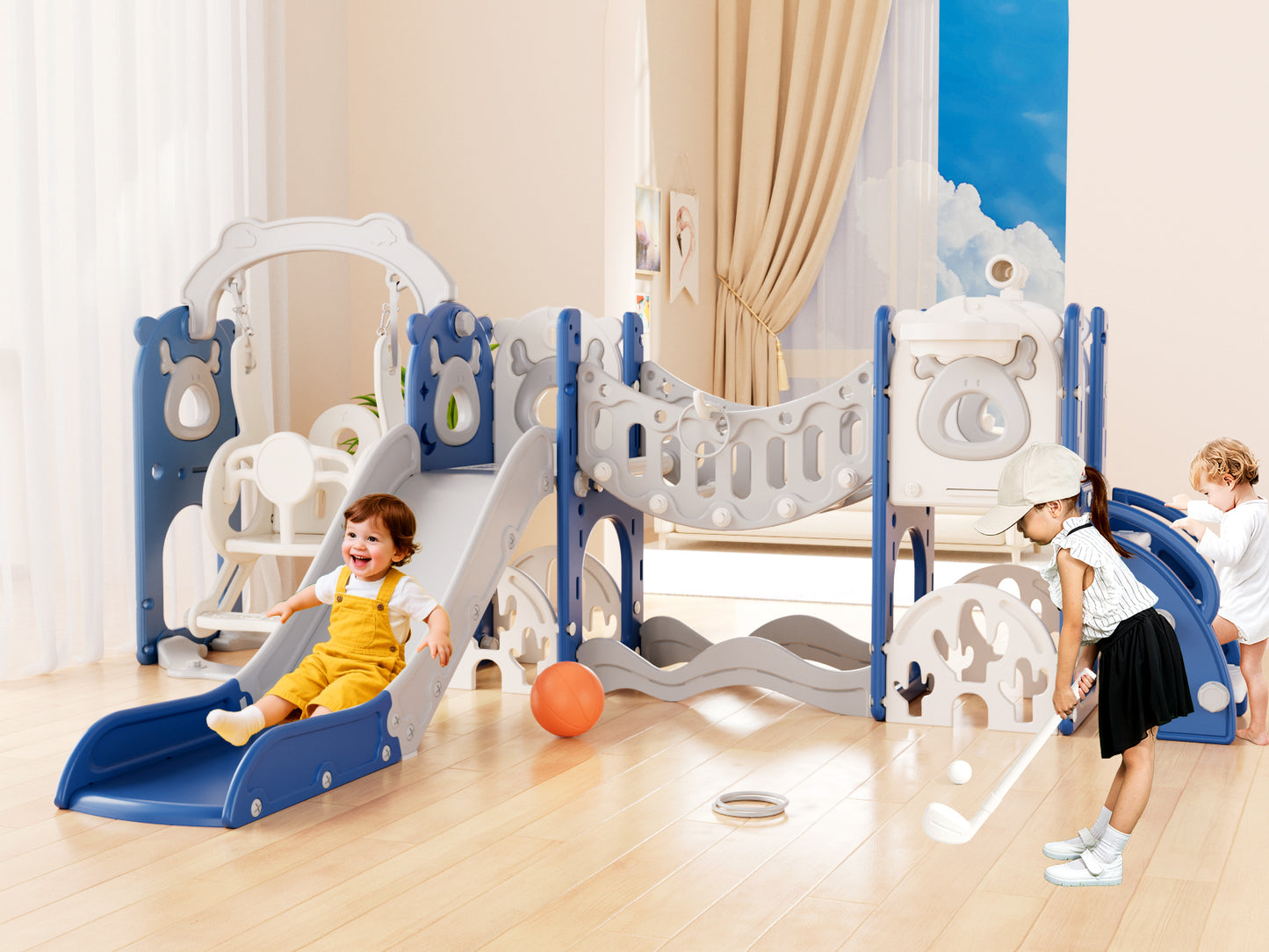Kids Slide Set with Climber, Toddler Climber Slide Play Set with Basketball Hoop, Tunnel, Bus Playhouse Outdoor Indoor Slide Playset Age 1-6