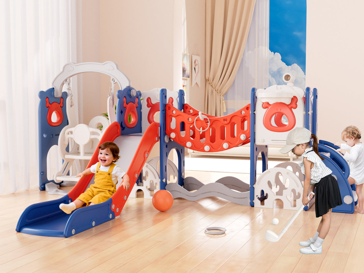 Kids Slide Set with Climber, Toddler Climber Slide Play Set with Basketball Hoop, Tunnel, Bus Playhouse Outdoor Indoor Slide Playset Age 1-6