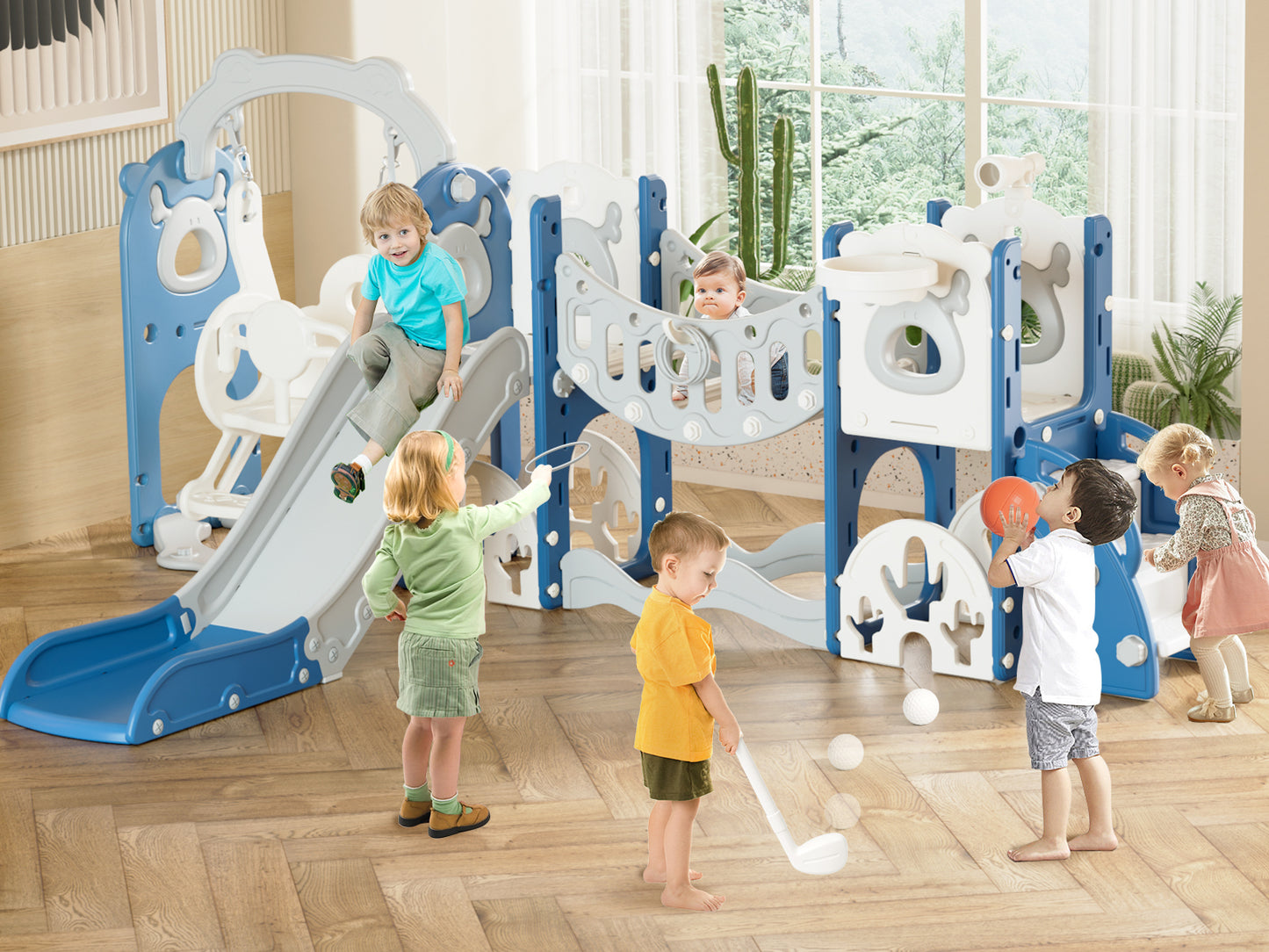 Kids Slide Set with Climber, Toddler Climber Slide Play Set with Basketball Hoop, Tunnel, Bus Playhouse Outdoor Indoor Slide Playset Age 1-6
