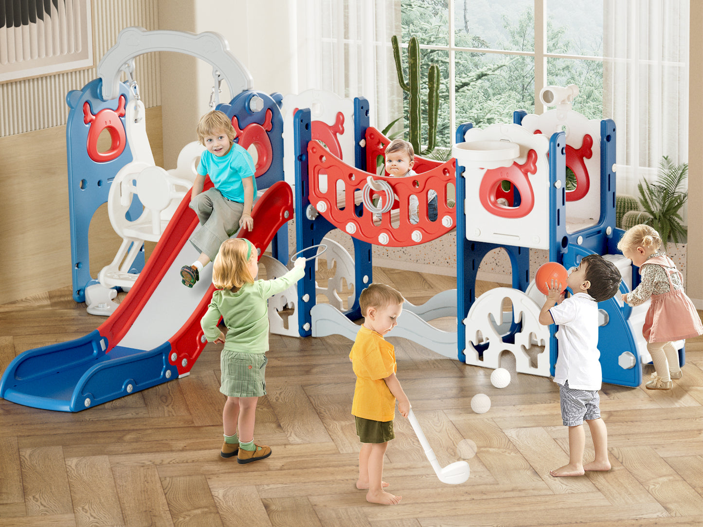 Kids Slide Set with Climber, Toddler Climber Slide Play Set with Basketball Hoop, Tunnel, Bus Playhouse Outdoor Indoor Slide Playset Age 1-6