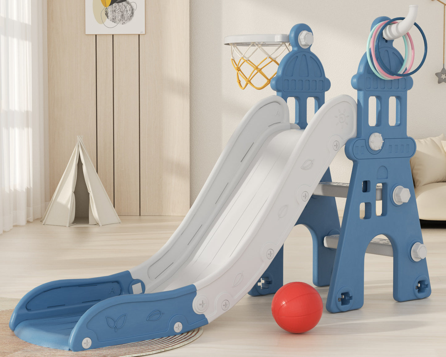 XJD 3 in 1 Toddler Slide for Kids 1-3, Toddler Slide Climber Set for Indoor Outdoor, Freestanding Baby Slide, Basketball Hoop, Ring-toss Game, and Ball for Boys & Girls (Blue)