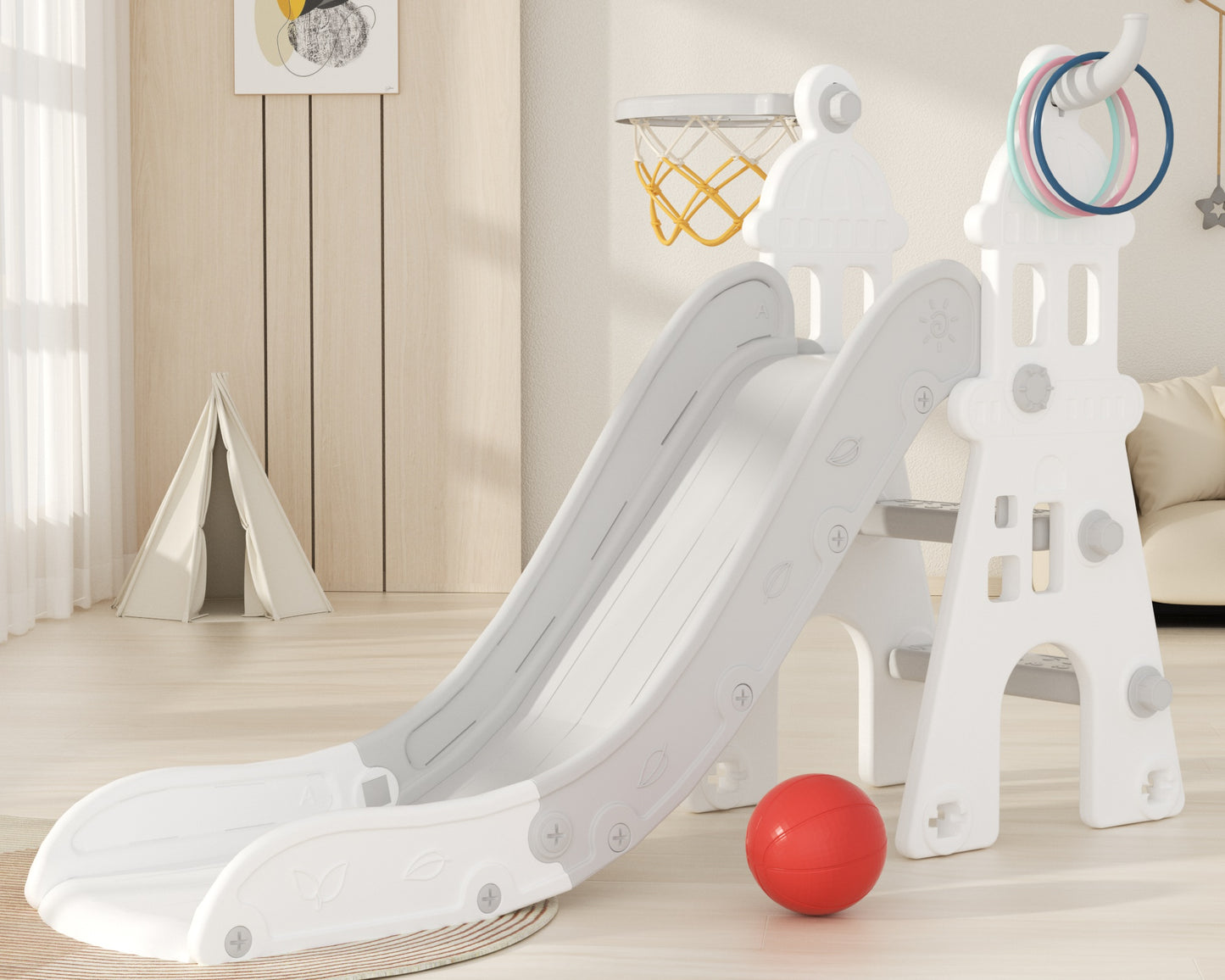XJD 3 in 1 Toddler Slide for Kids 1-3, Toddler Slide Climber Set for Indoor Outdoor, Freestanding Baby Slide, Basketball Hoop, Ring-toss Game, and Ball for Boys & Girls (Blue)