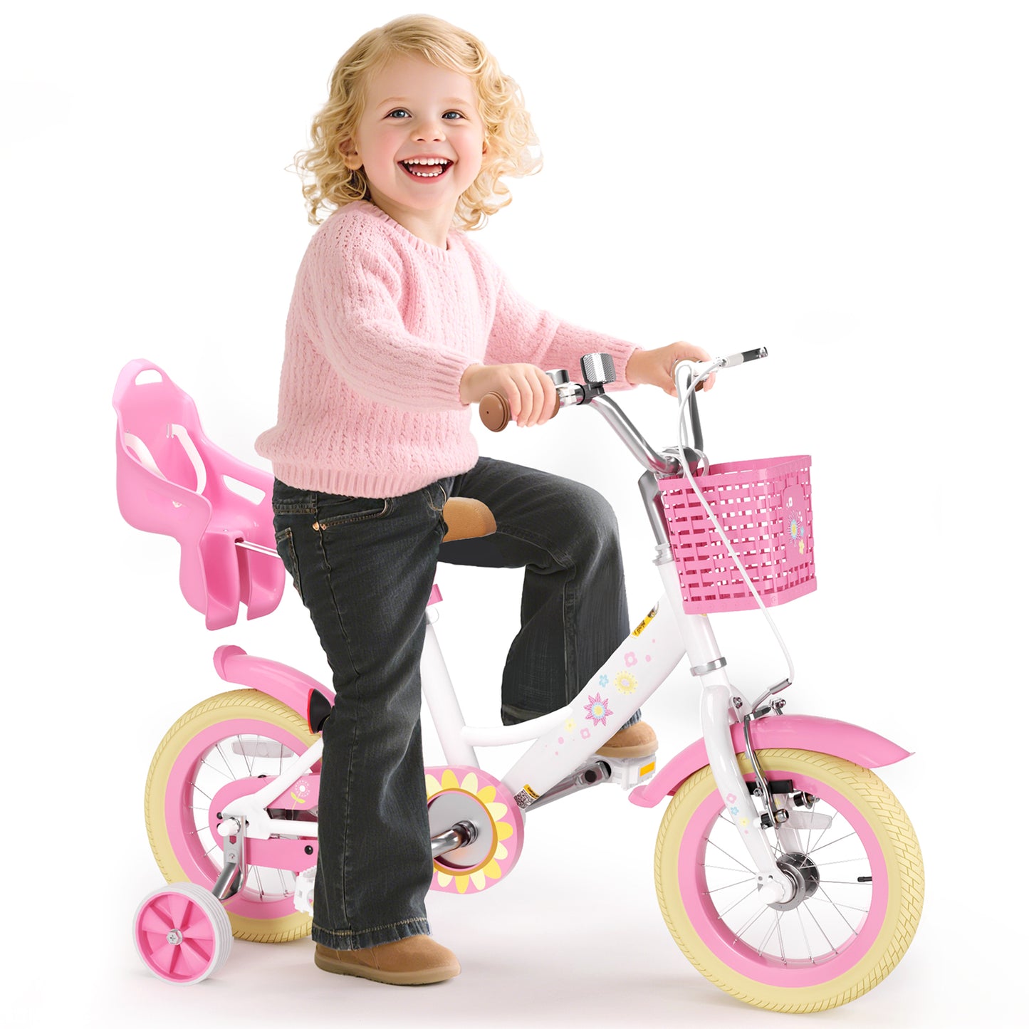 Girls Bike for 2-8 Years Old Kids, 12 14 16 Inch Kids Bike with Training Wheels, Basket and Doll Seat, Children Bicycles with Handbrake & Kickstand, Pink