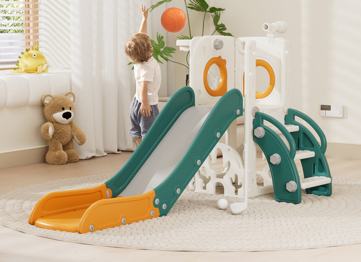 XJD 7 in 1 Toddler Slide, Kids Slide for Toddlers Baby 1-3 Years Old, Indoor and Outdoor with Basketball Hoop Upgraded Golf, Plastic Slides for Kids, Blue