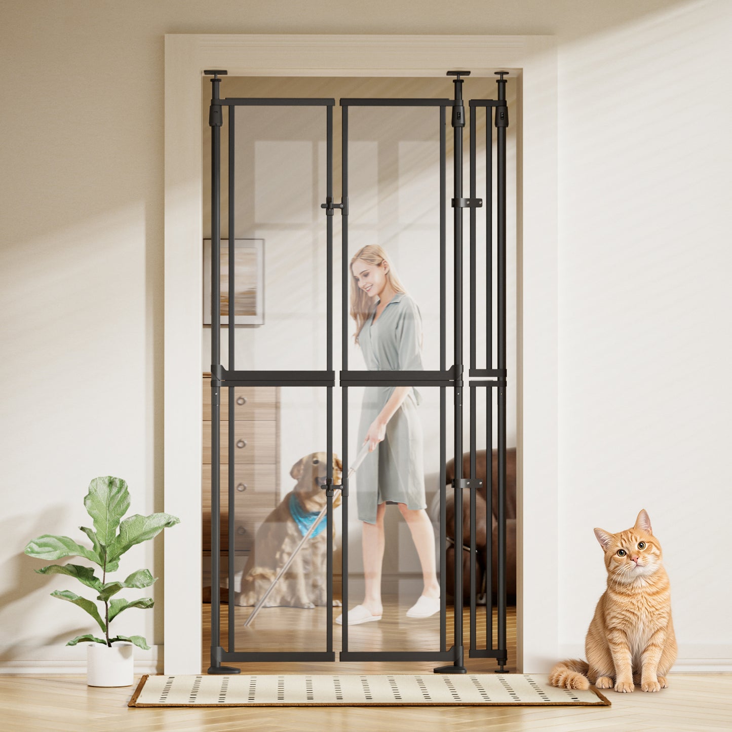XJD 74-98" Extra Tall Cat Gate, 33.86-41.34, Transparent Double Doors, No Drilling Pressure Mount Pet Gate for Doorways/Stairs/Kitchen/Home, Auto Close, White