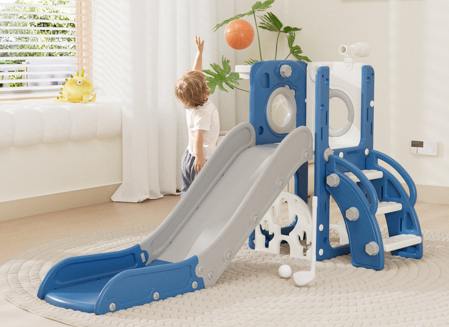 XJD 7 in 1 Toddler Slide, Kids Slide for Toddlers Baby 1-3 Years Old, Indoor and Outdoor with Basketball Hoop Upgraded Golf, Plastic Slides for Kids, Blue