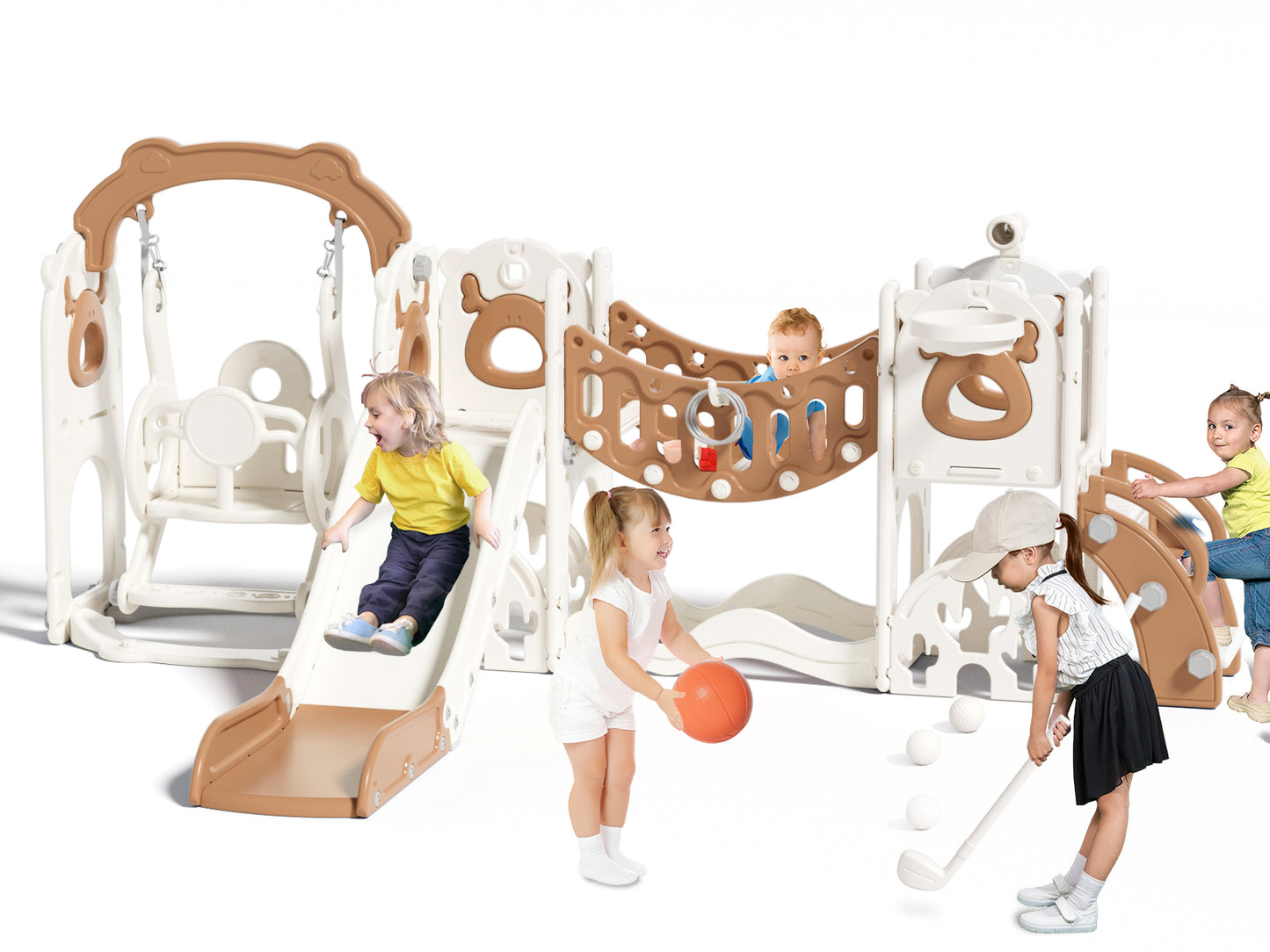 Kids Slide Set with Climber, Toddler Climber Slide Play Set with Basketball Hoop, Tunnel, Bus Playhouse Outdoor Indoor Slide Playset Age 1-6