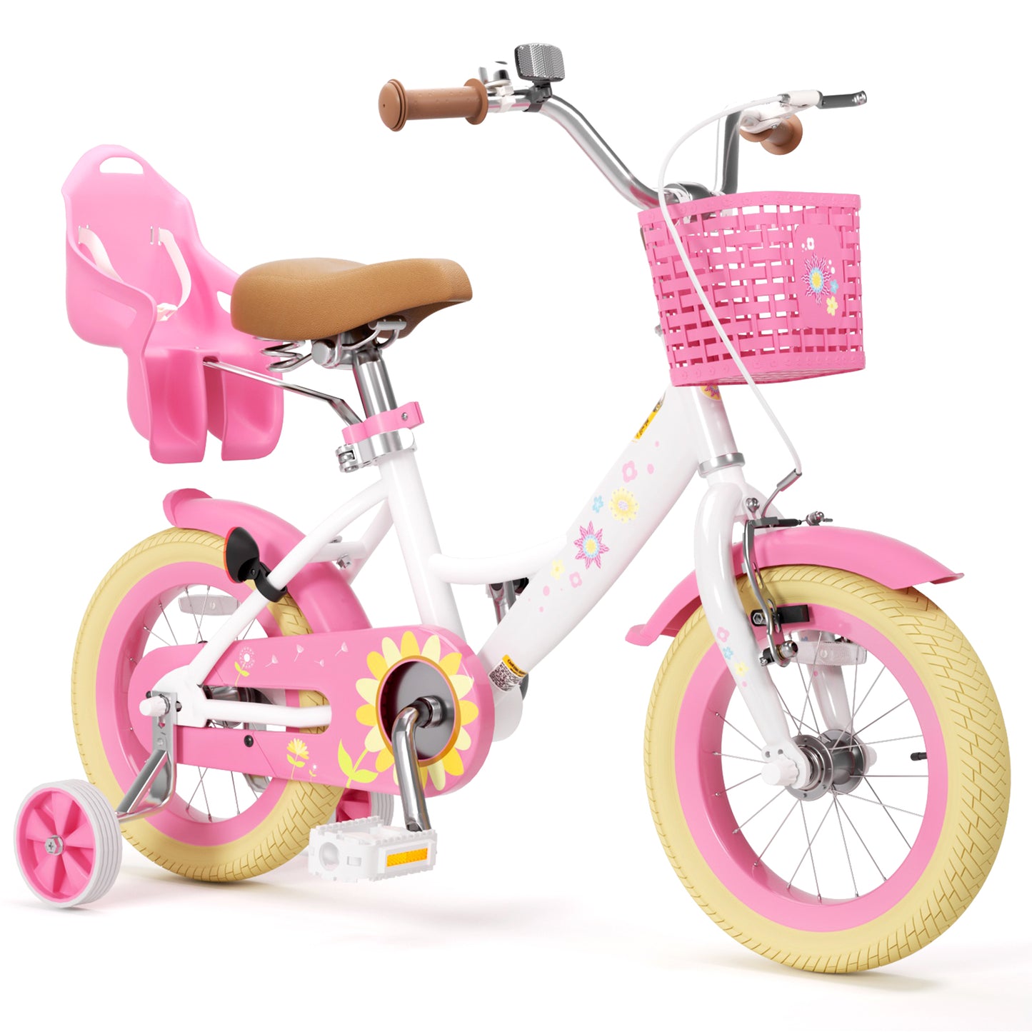 Girls Bike for 2-8 Years Old Kids, 12 14 16 Inch Kids Bike with Training Wheels, Basket and Doll Seat, Children Bicycles with Handbrake & Kickstand, Pink