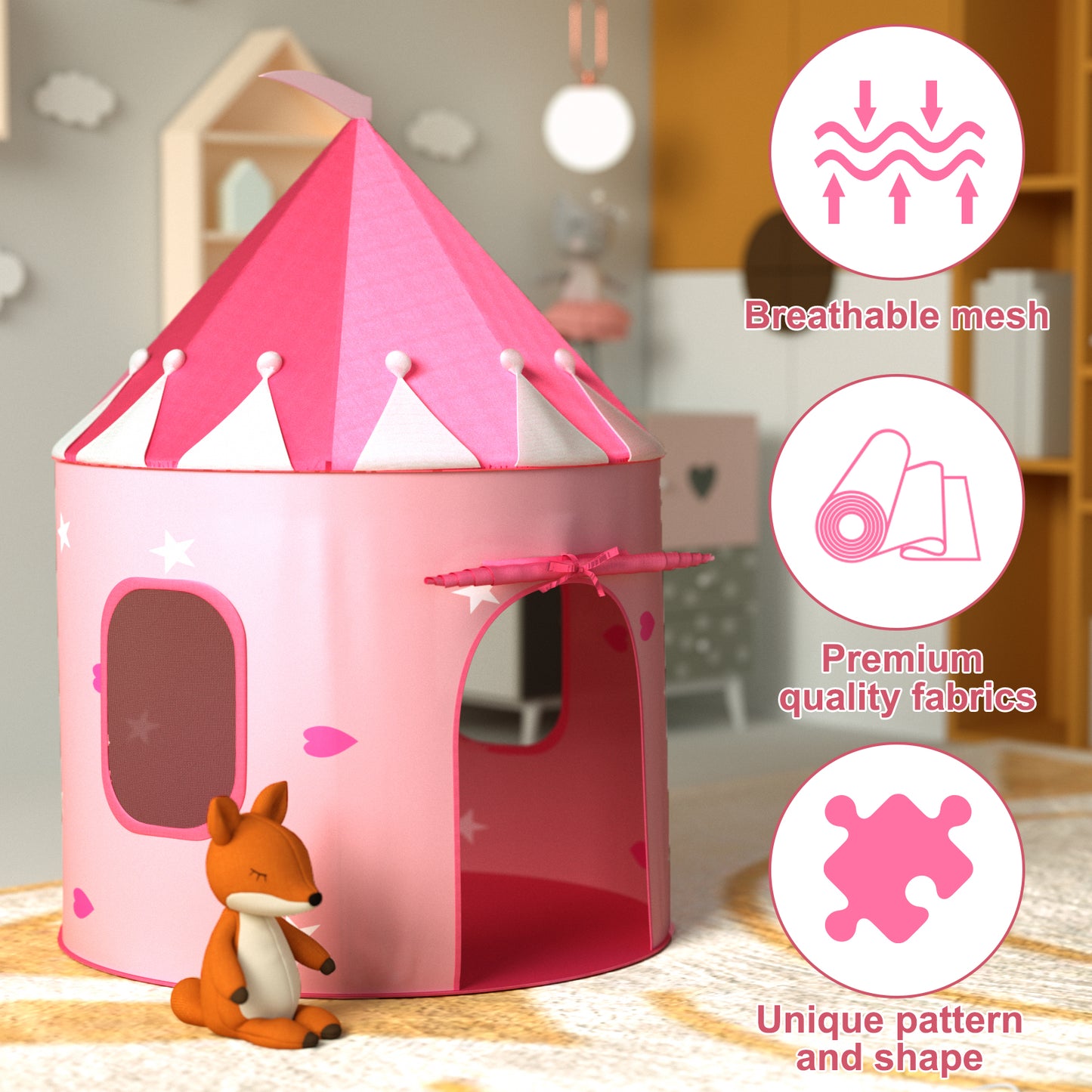 Princess Castle Play Tent with Glow in The Dark Stars, Foldable Pink Pop up Kids Tent Playhouse Toys, for Indoor Outdoor Toddler Children Girls Gifts Tent Girls Toys,Pink