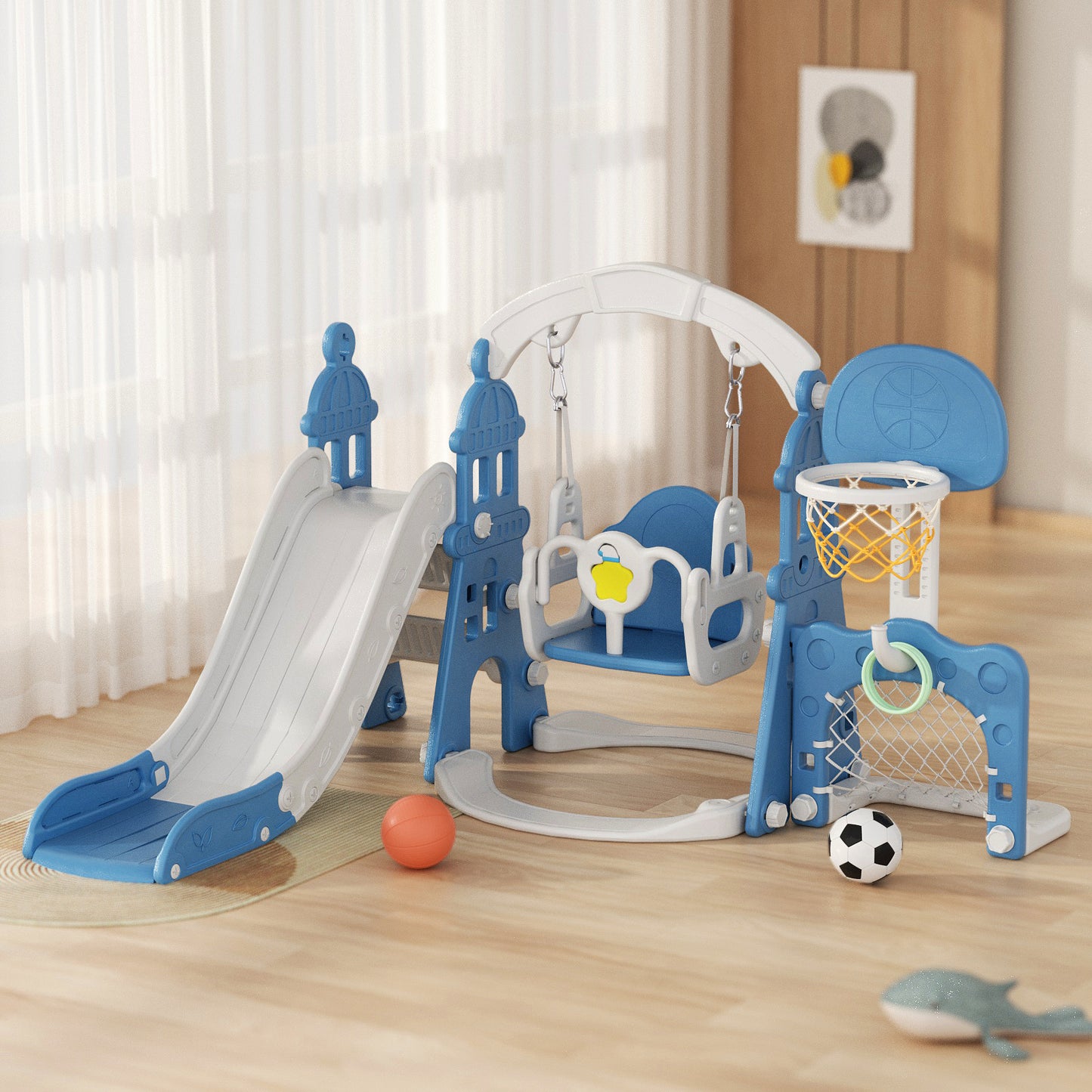 XJD 5 in 1 Kids Slide for Toddlers Age 1-3 Slide and Swing Set for Children Baby Indoor Outdoor, Playsets Playground Sets for Backyards, Blue