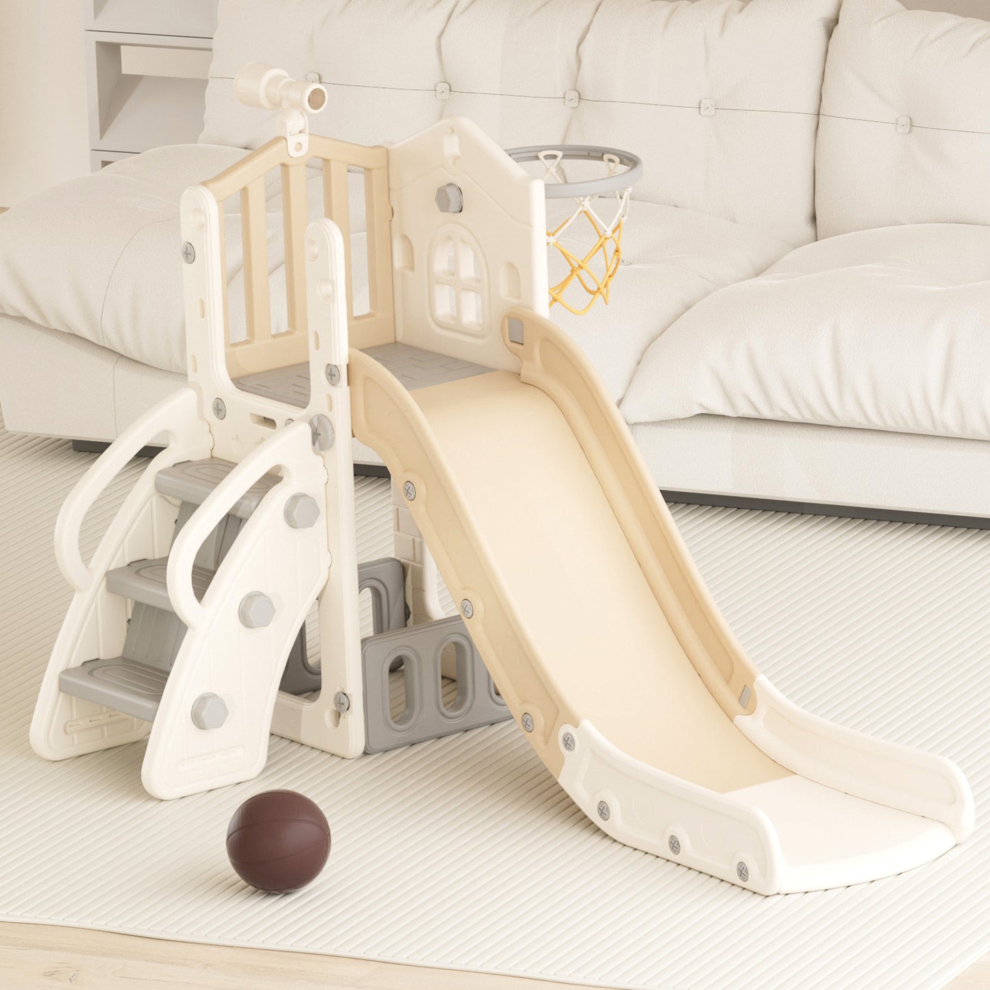 YUFU 4 in 1 Slide Climber for Toddler, with Ball & Hoop, Storage Space and Non-Slip Steps, Indoor Outdoor Baby Climber Playset Playground Freestanding Slide