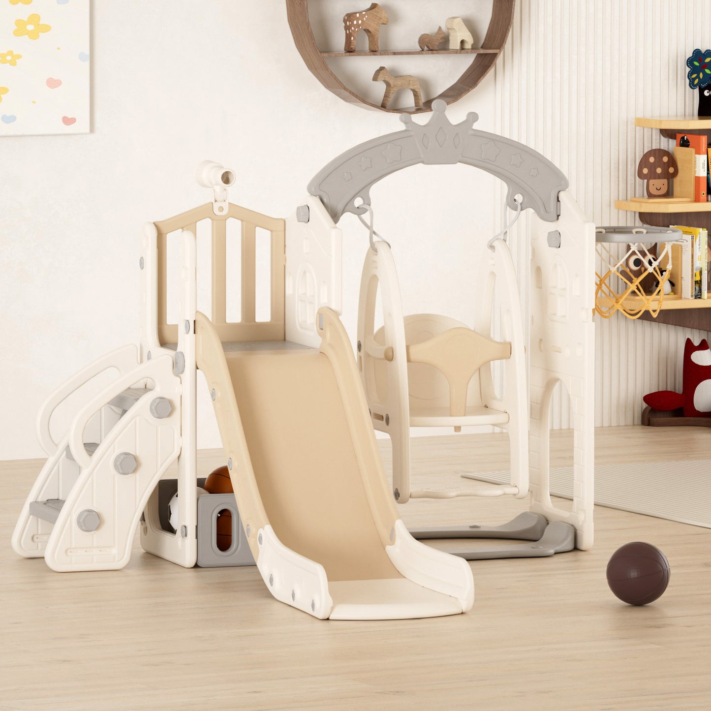 YUFU Toddler Slide Kids Slide and Swing Set, 4 in 1 Baby Slide Climber Playset with Basketball Hoop and Safety Swing Set, Indoor Outdoor Backyard Baby Playground Toys for Toddlers Age 1-5