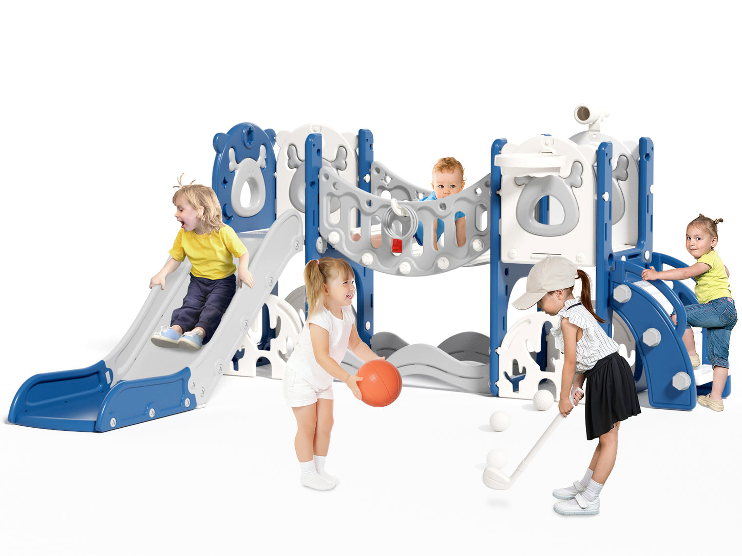 Kids Slide Set with Climber, Toddler Climber Slide Play Set with Basketball Hoop, Tunnel, Bus Playhouse Outdoor Indoor Slide Playset Age 1-6