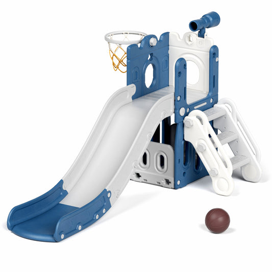 XJD Kids Slide L-Shaped, 5 in 1 Kids Playground Tower Slide Outdoor Playset with Storage Space and Non-Slip Steps,Toddlers Indoor Play Gym with Basketball Hoop,Telescope, Blue