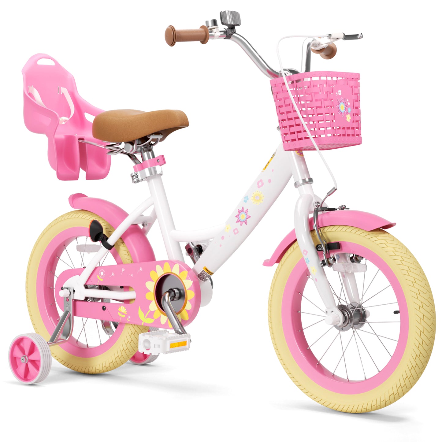 Girls Bike for 2-8 Years Old Kids, 12 14 16 Inch Kids Bike with Training Wheels, Basket and Doll Seat, Children Bicycles with Handbrake & Kickstand, Pink