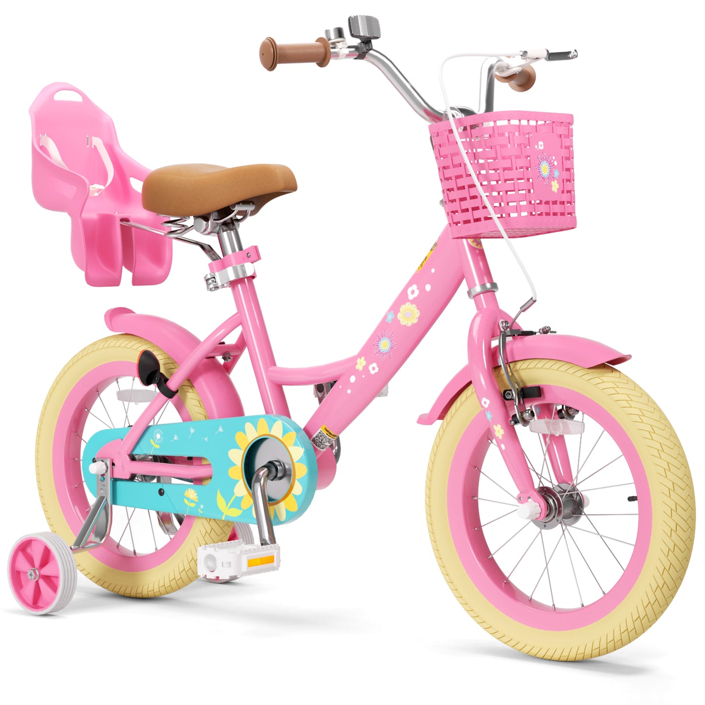 Girls Bike for 2-8 Years Old Kids, 12 14 16 Inch Kids Bike with Training Wheels, Basket and Doll Seat, Children Bicycles with Handbrake & Kickstand, Pink
