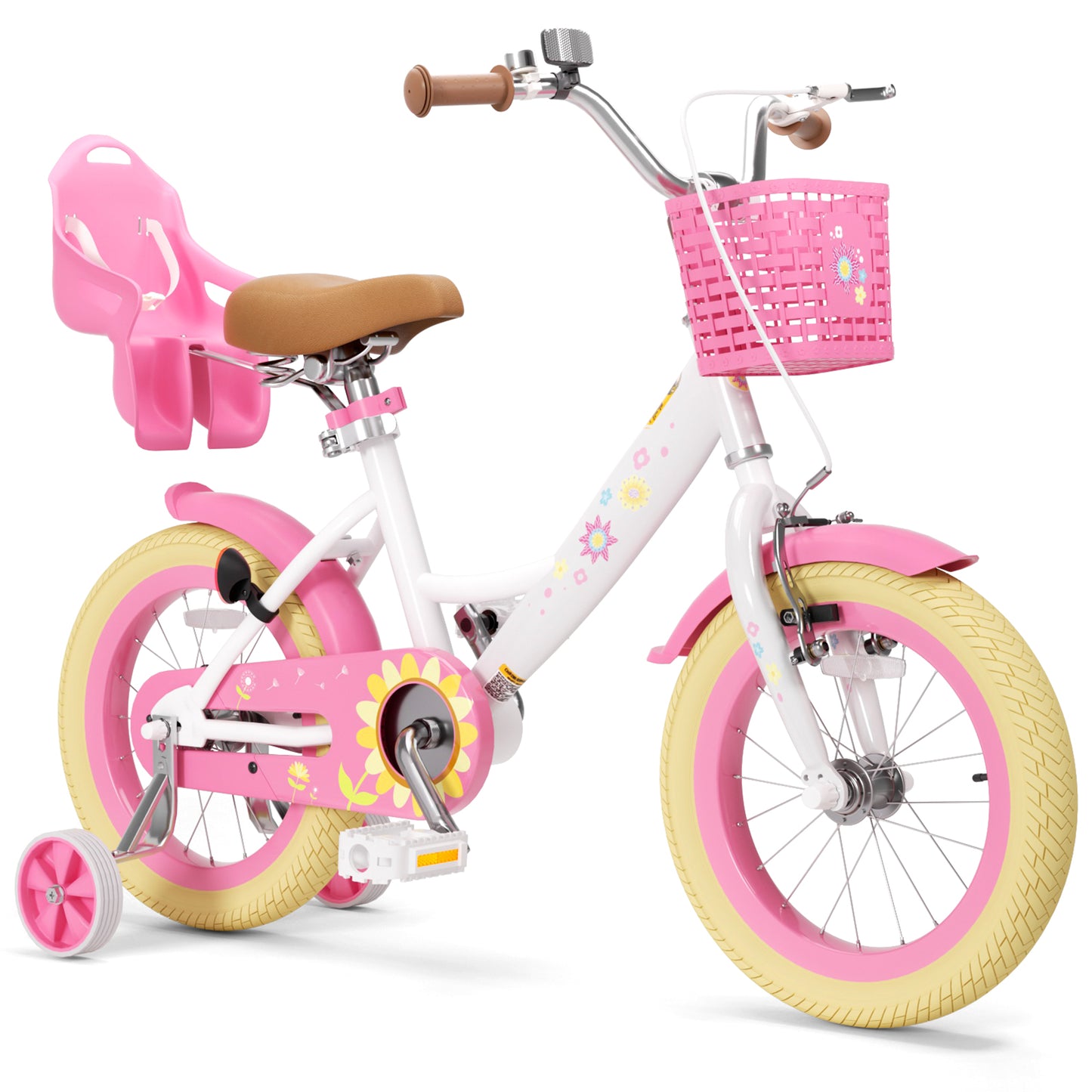 Girls Bike for 2-8 Years Old Kids, 12 14 16 Inch Kids Bike with Training Wheels, Basket and Doll Seat, Children Bicycles with Handbrake & Kickstand, Pink