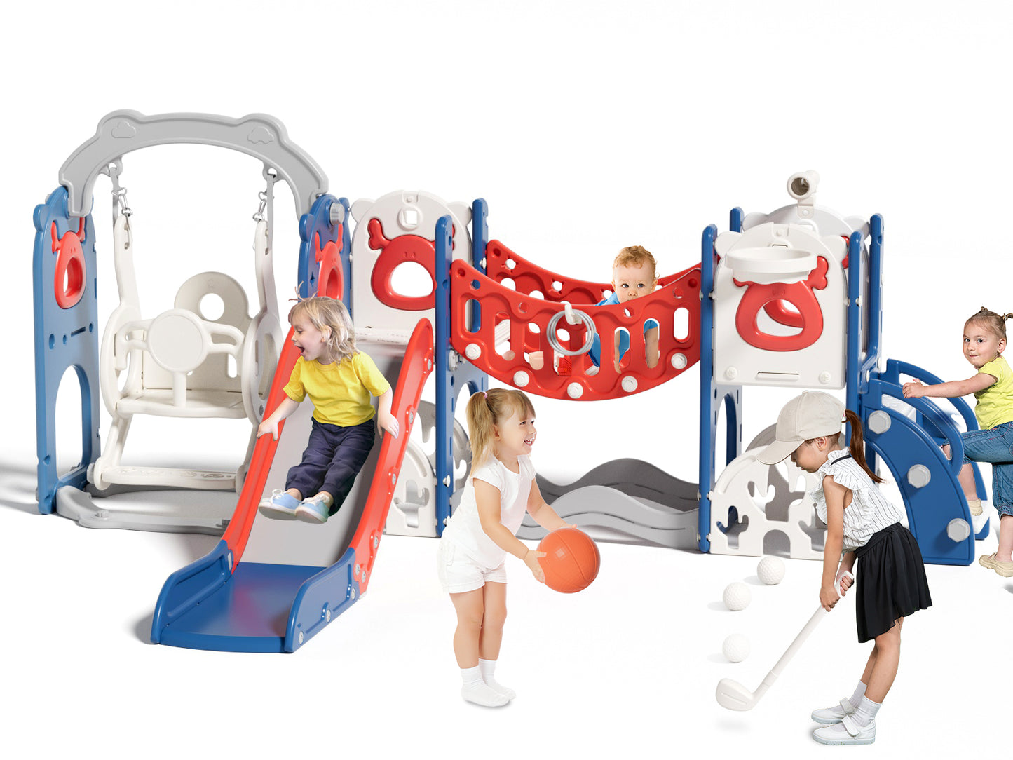 Kids Slide Set with Climber, Toddler Climber Slide Play Set with Basketball Hoop, Tunnel, Bus Playhouse Outdoor Indoor Slide Playset Age 1-6