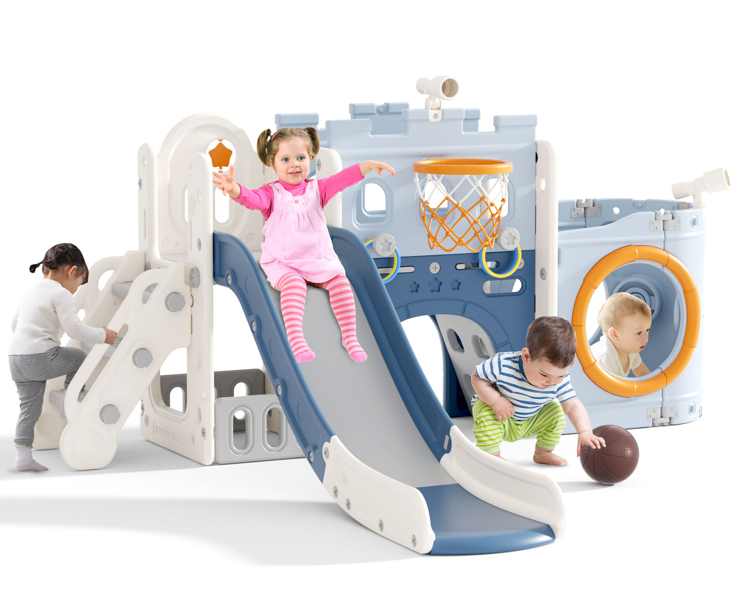 XJD 8-in-1 Toddler Slide, Kids Slide Playset with Basketball Hoop, Telescopes, Indoor Outdoor Kids Play Equipment Backyard Playground for Toddlers Age 1-3, Blue
