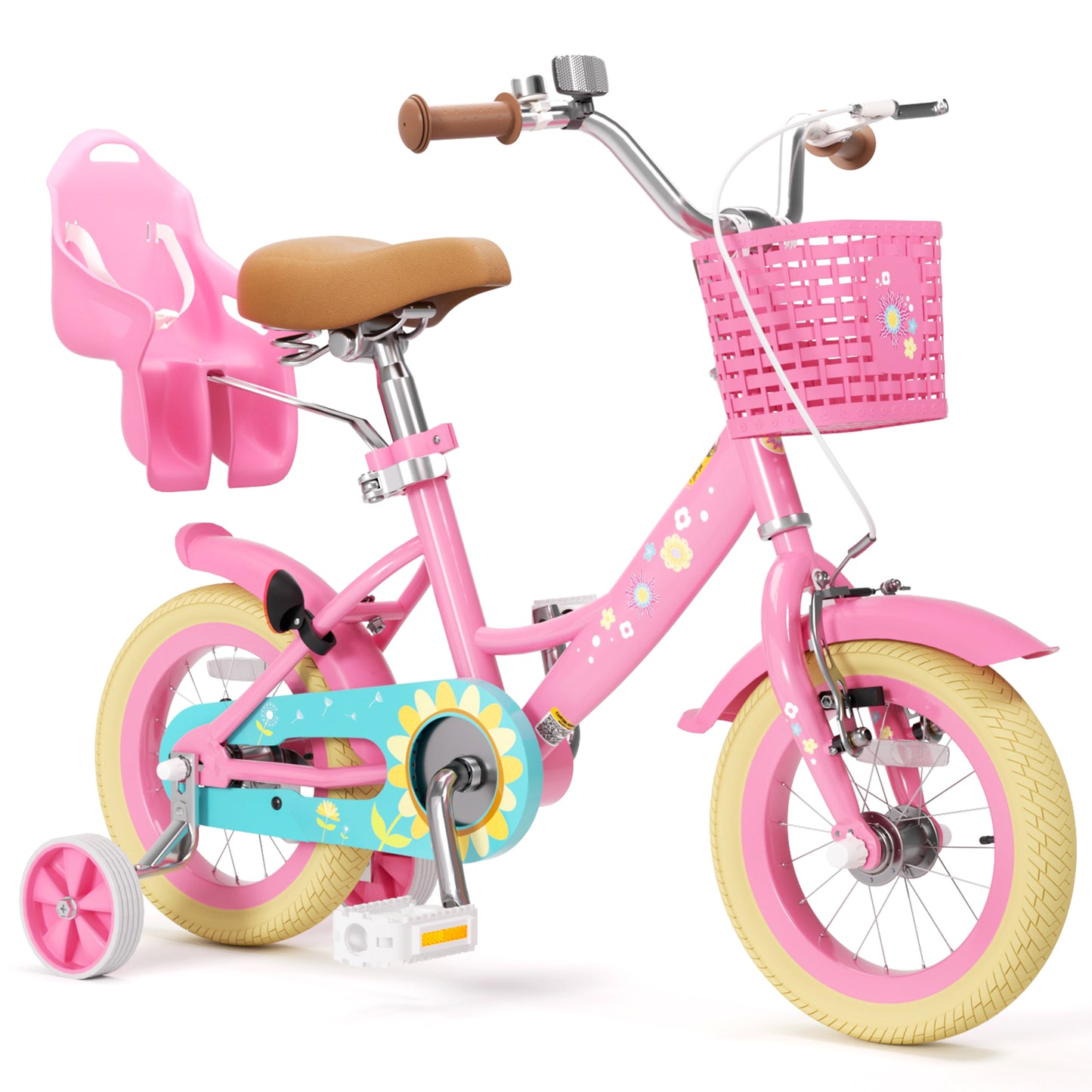 Girls Bike for 2-8 Years Old Kids, 12 14 16 Inch Kids Bike with Training Wheels, Basket and Doll Seat, Children Bicycles with Handbrake & Kickstand, Pink
