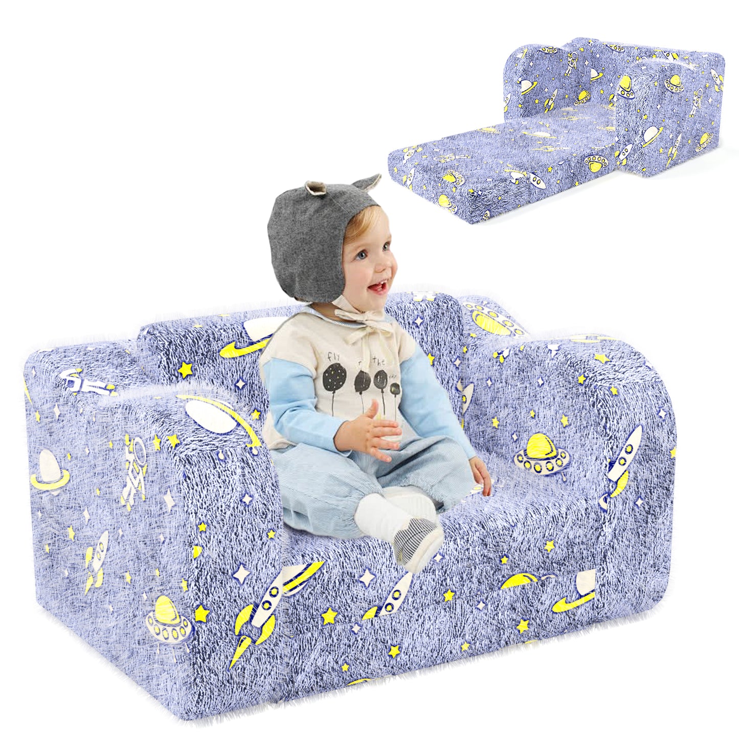 KORIMEFA Kids Sofa, 2-in-1 Toddler Comfy Flip Open Couch/Sleeper, with Star Pillow , Convertible Sofa to Lounger for Girls and Boys, 1-Seat,Blue