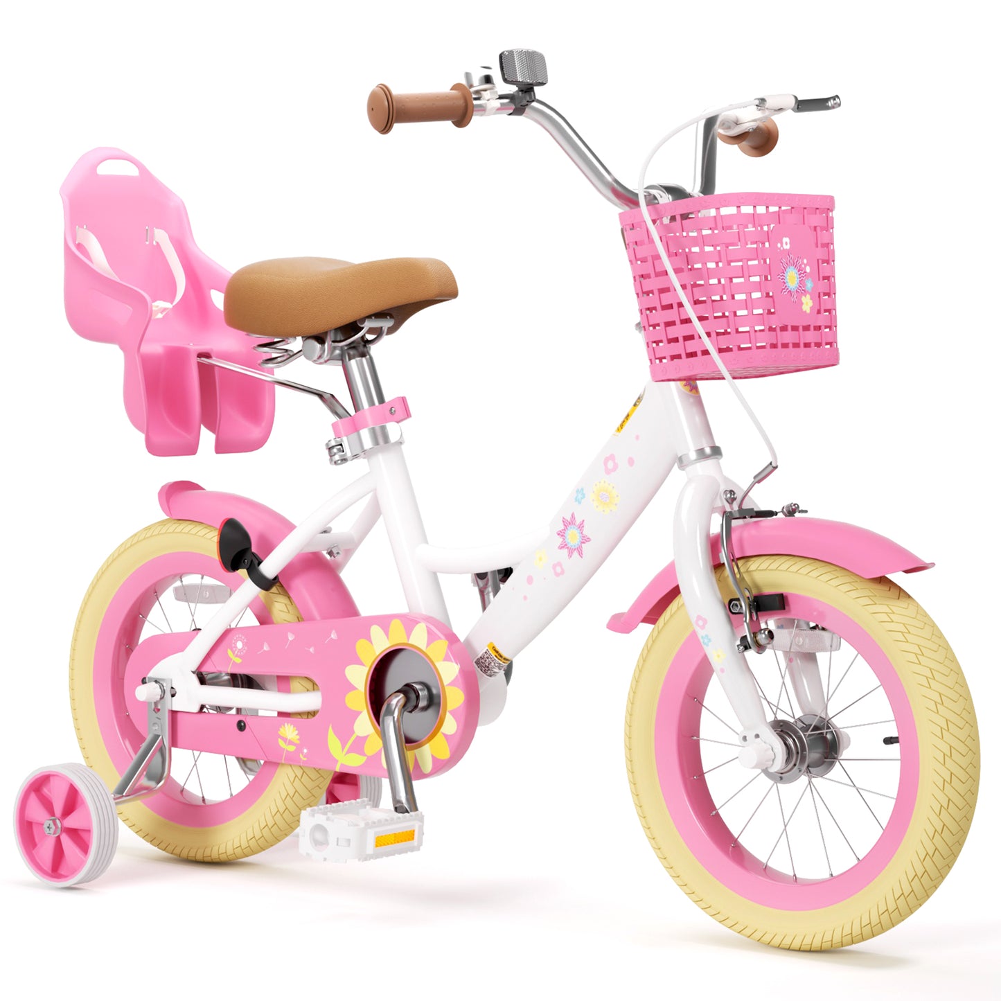 Girls Bike for 2-8 Years Old Kids, 12 14 16 Inch Kids Bike with Training Wheels, Basket and Doll Seat, Children Bicycles with Handbrake & Kickstand, Pink