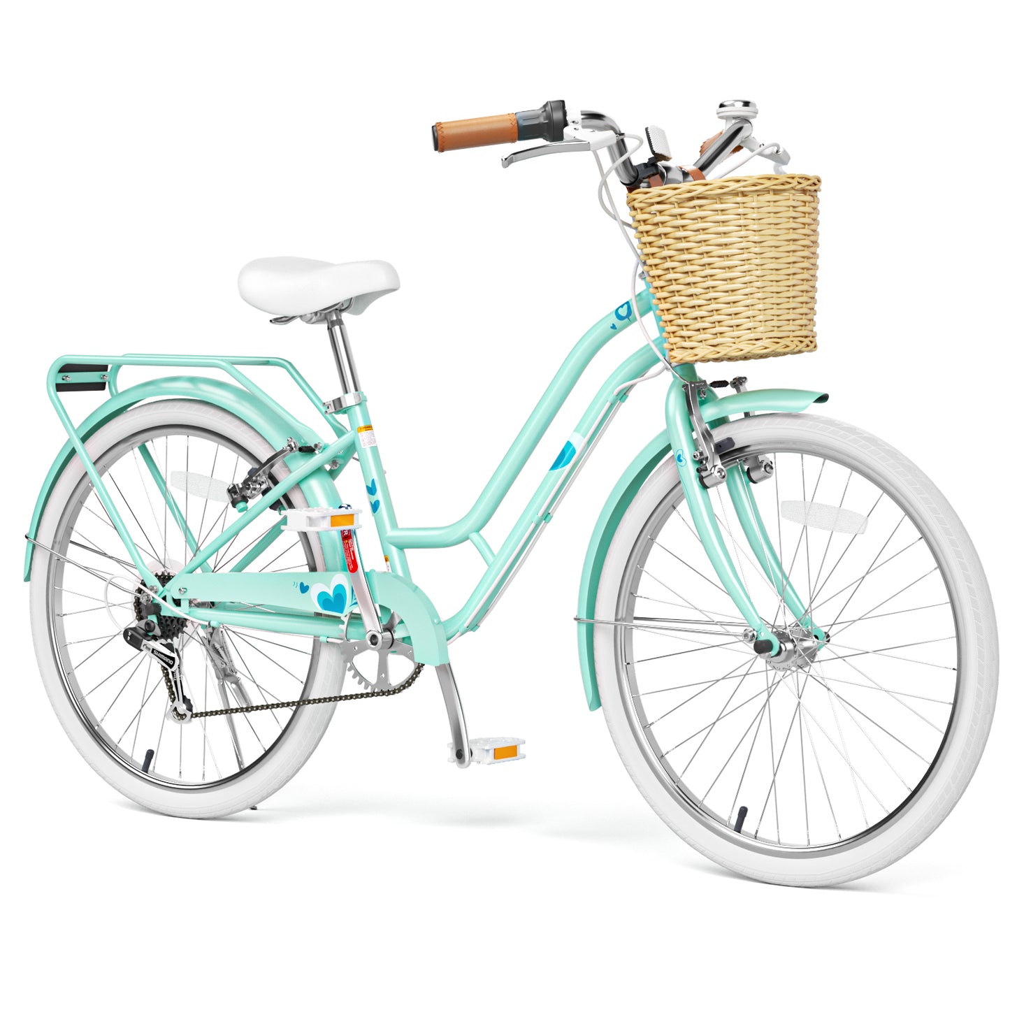 XJD 20/24 inch Girl Cruiser Kids Bike 7-Speed Shimano shifter lever,Aluminum V-brakes,Teen City Bicycle 20/24inch with Rack&Wicker Basket For Ages 7-14 Years Old, Pink