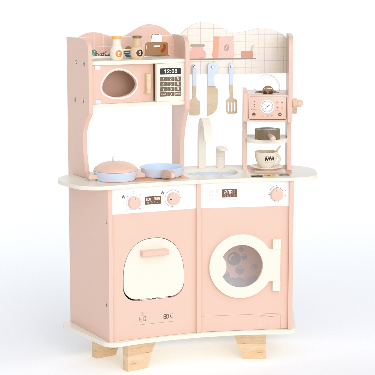 XJD Play Kitchen for Kids Toddlers, Wooden Play Kitchen with Realistic Accessories, Toy Kitchen Set with Plenty of Play Features, Modern Style Toy Kitchen for Girls & Boys, Gift for Ages 3+, Pink