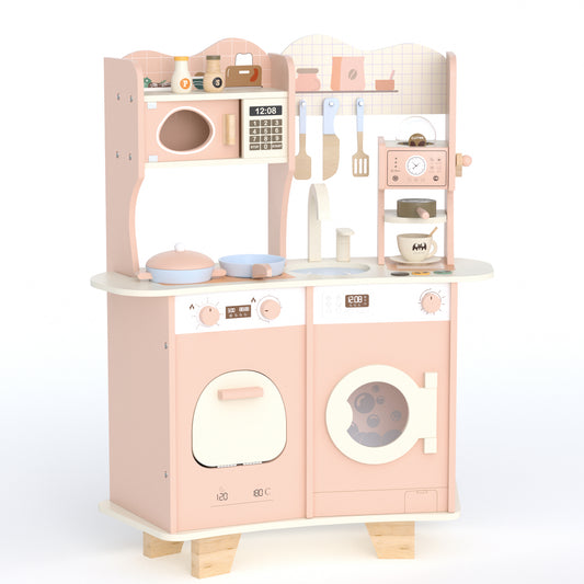 XJD Play Kitchen for Kids Toddlers, Wooden Play Kitchen with Realistic Accessories, Toy Kitchen Set with Plenty of Play Features, Modern Style Toy Kitchen for Girls & Boys, Gift for Ages 3+, Pink