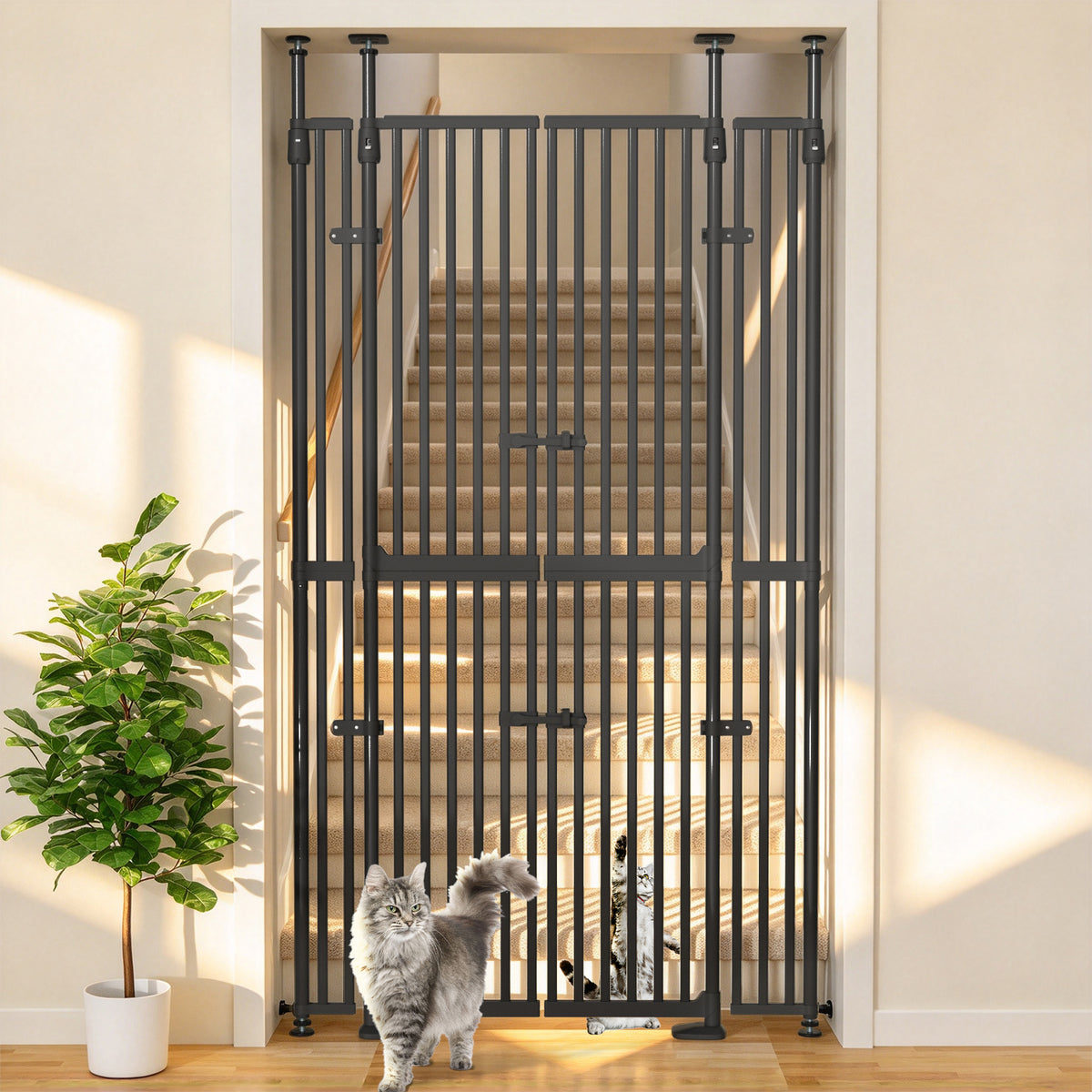 XJD 71" Extra Tall Cat Gate – Fits 30.31"-38.2" Wide Openings, Auto-Close, Narrow 1.37" Gaps, No-Drill Pressure Mount, Double Opening Design Pet Gate, White