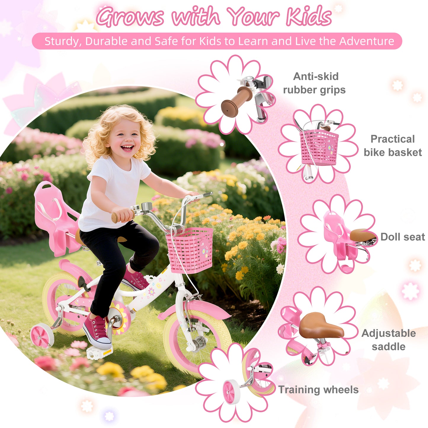 Girls Bike for 2-8 Years Old Kids, 12 14 16 Inch Kids Bike with Training Wheels, Basket and Doll Seat, Children Bicycles with Handbrake & Kickstand, Pink