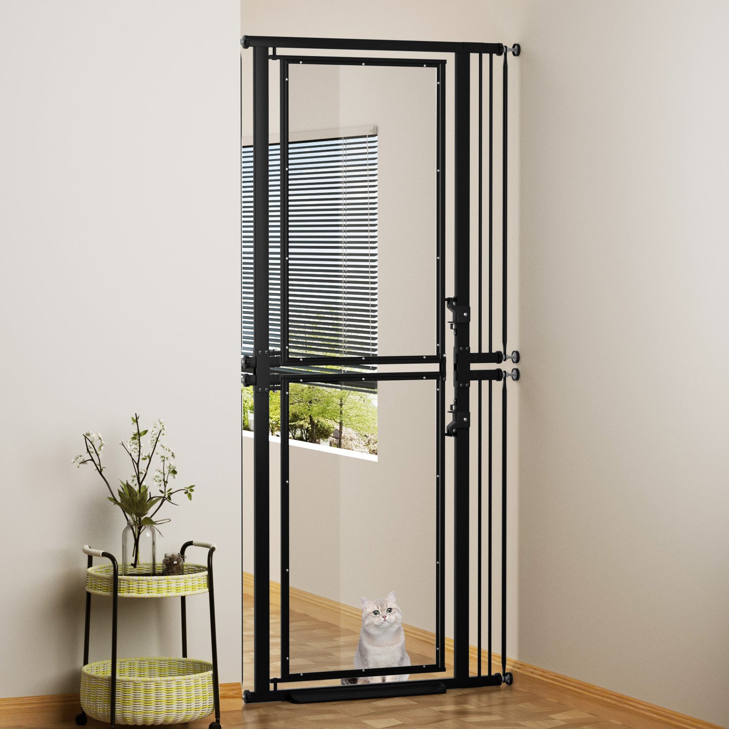 XJD 73.6" Extra Tall Cat Gate, Transparent Design Detachable into 2 Low Gates, 29.5–36" Width, Pressure Mounted, Full Door for Stairs, Kitchen, Studio, Black