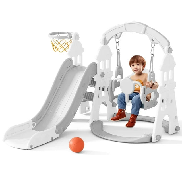 4-in-1 Kids Slide and Swing Set - Perfect for Toddlers 1-6 Years - Extra-Large Indoor and Outdoor Playground - Includes Slide, Swing, Basketball Hoop, and Climber