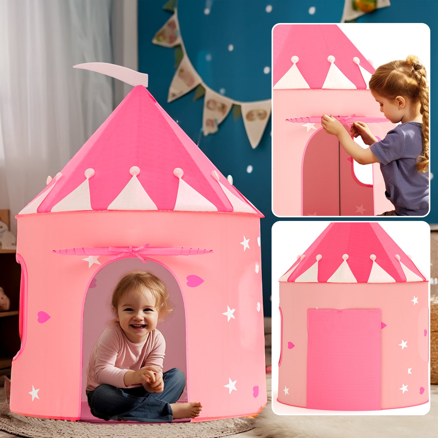 Princess Castle Play Tent with Glow in The Dark Stars, Foldable Pink Pop up Kids Tent Playhouse Toys, for Indoor Outdoor Toddler Children Girls Gifts Tent Girls Toys,Pink
