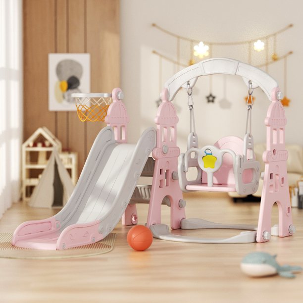 4-in-1 Kids Slide and Swing Set - Perfect for Toddlers 1-6 Years - Extra-Large Indoor and Outdoor Playground - Includes Slide, Swing, Basketball Hoop, and Climber
