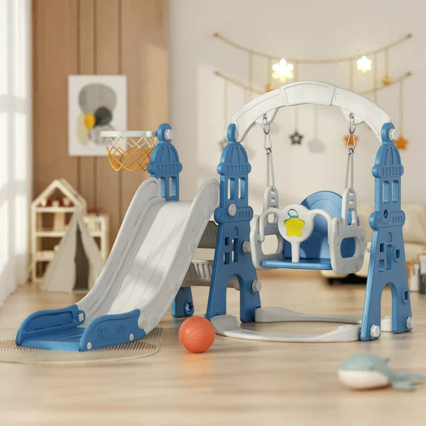 4-in-1 Kids Slide and Swing Set - Perfect for Toddlers 1-6 Years - Extra-Large Indoor and Outdoor Playground - Includes Slide, Swing, Basketball Hoop, and Climber