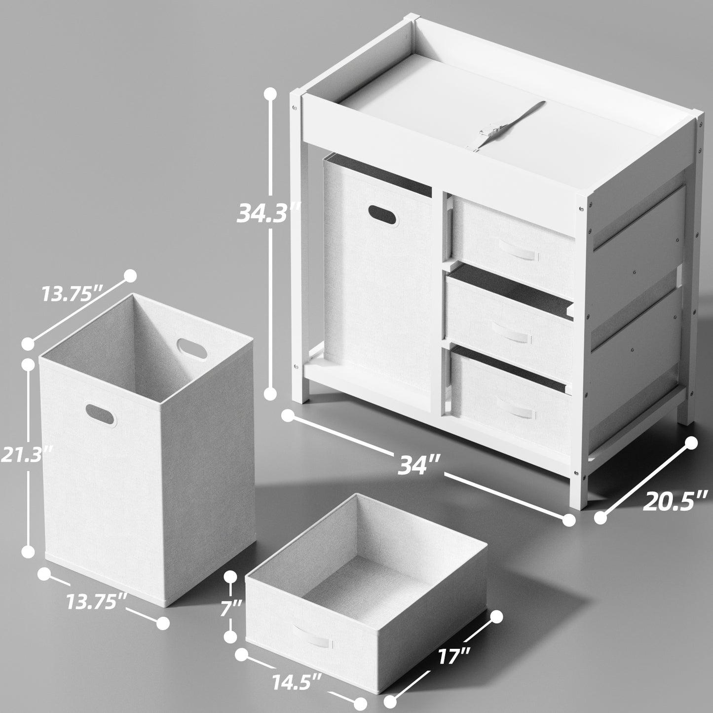 Baby Changing Table with 3 Storage Drawers & Hamper , Portable Diaper Station, Space-Saving Nursery Organizer , Easy Assembly (White)