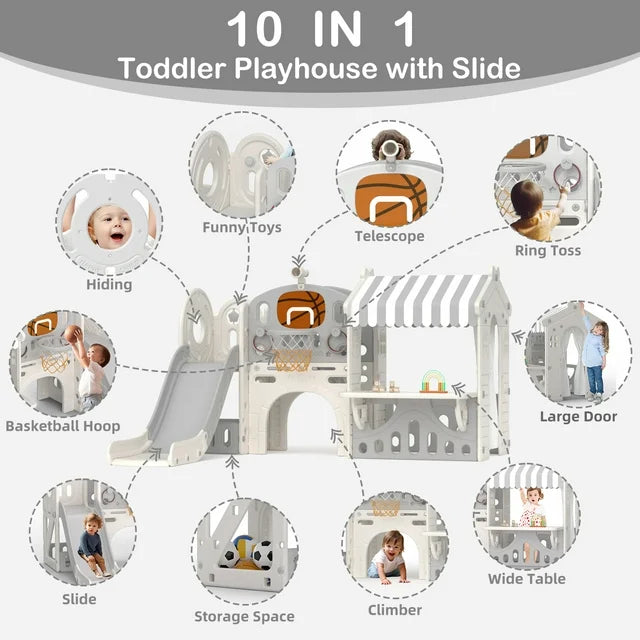 Kids Slide with Kids Foldable Playhouse, Toddler Climber Slide Play Set with Basketball Hoop, Tunnel, Telescope, Portable Game Cottage