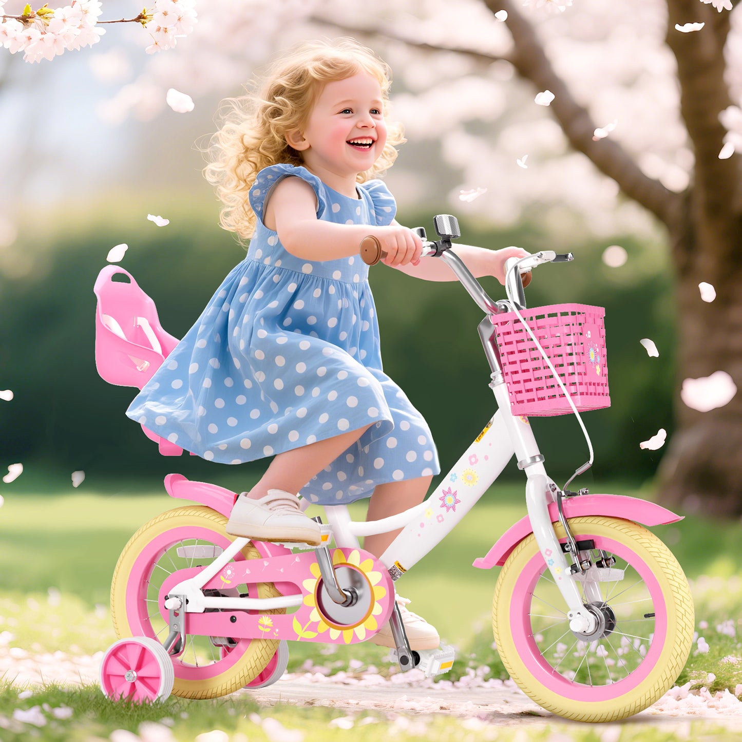 Girls Bike for 2-8 Years Old Kids, 12 14 16 Inch Kids Bike with Training Wheels, Basket and Doll Seat, Children Bicycles with Handbrake & Kickstand, Pink