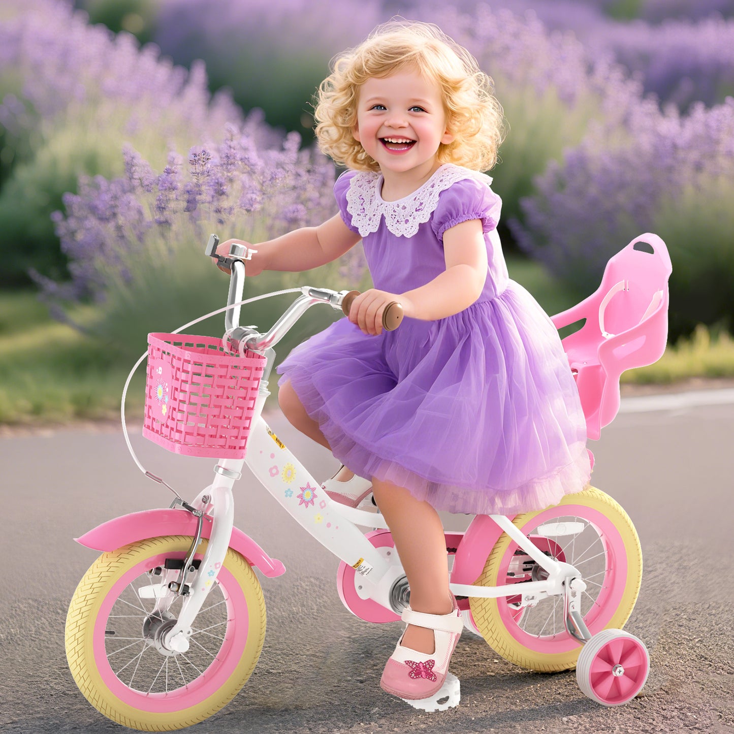 Girls Bike for 2-8 Years Old Kids, 12 14 16 Inch Kids Bike with Training Wheels, Basket and Doll Seat, Children Bicycles with Handbrake & Kickstand, Pink