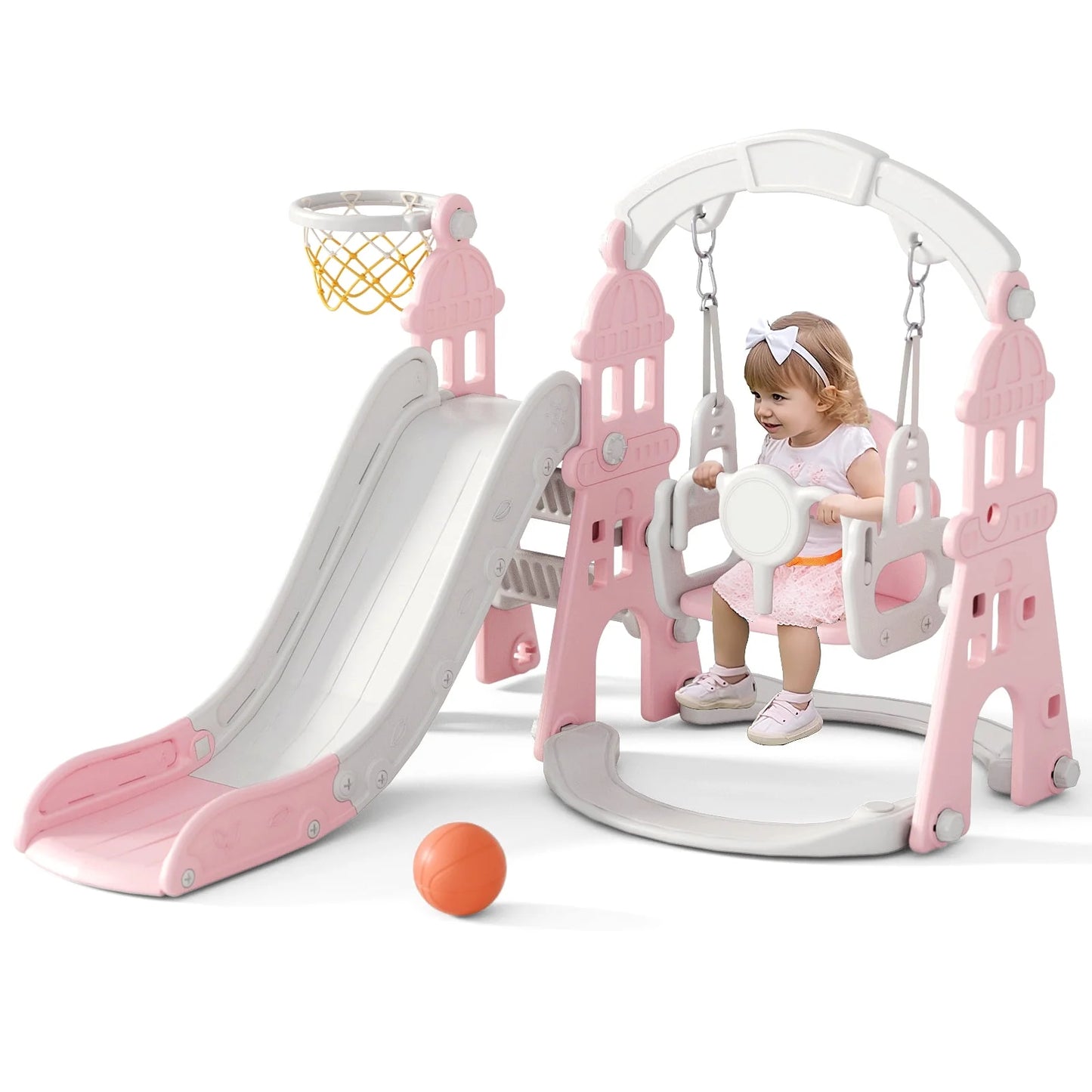 6-in-1 Kids Slide and Swing Set - Perfect for Toddlers 1-6 Years - Extra-Large Indoor and Outdoor Playground Includes Slide, Swing, Basketball Hoop, and Climber